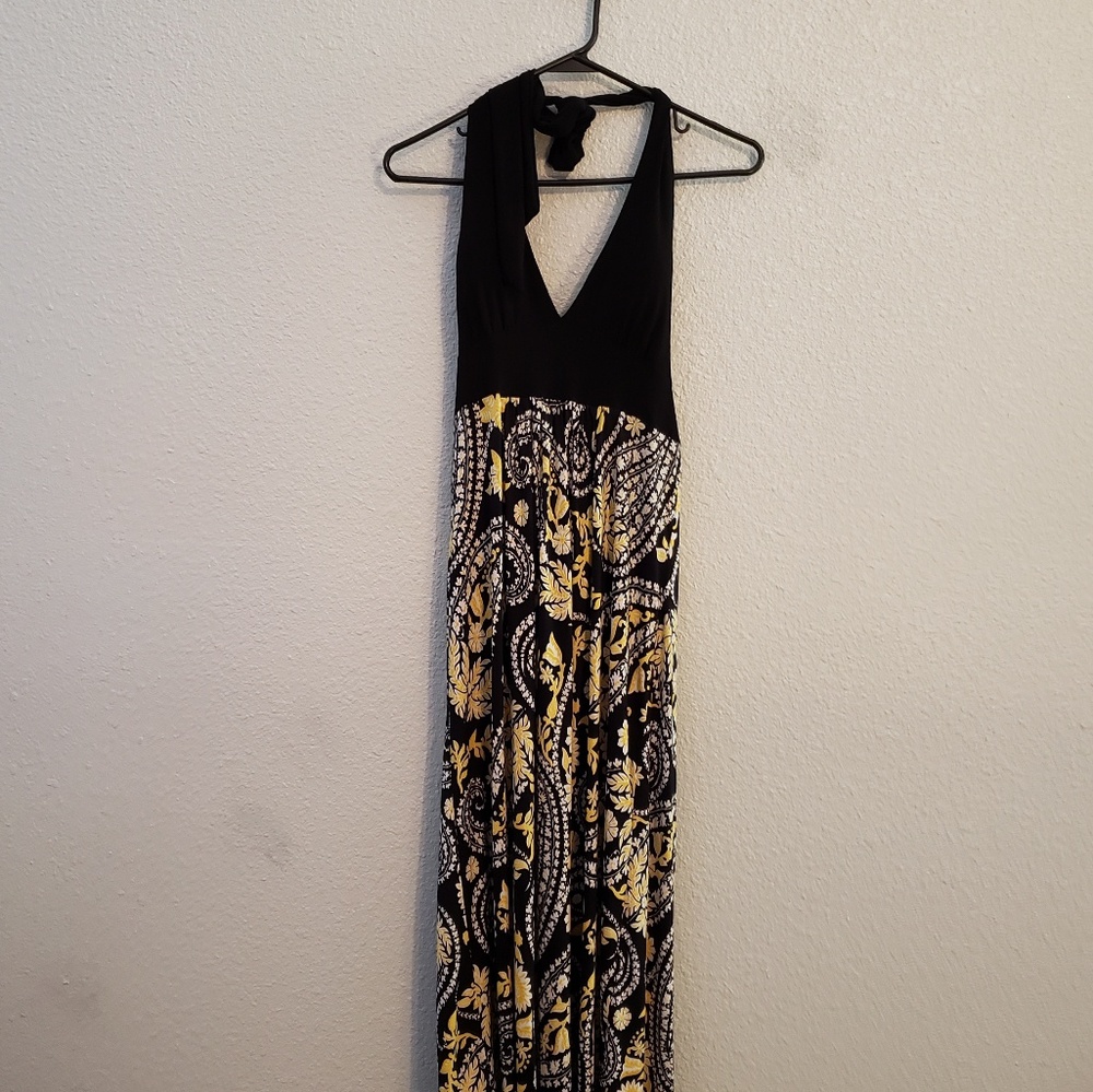 Long black, white & yellow halter maxi dress